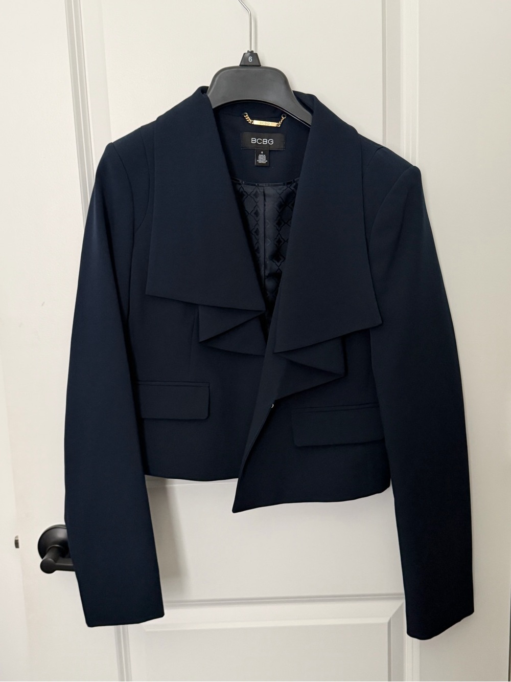 BCBG Navy Draped Collar Cropped Blazer size 6